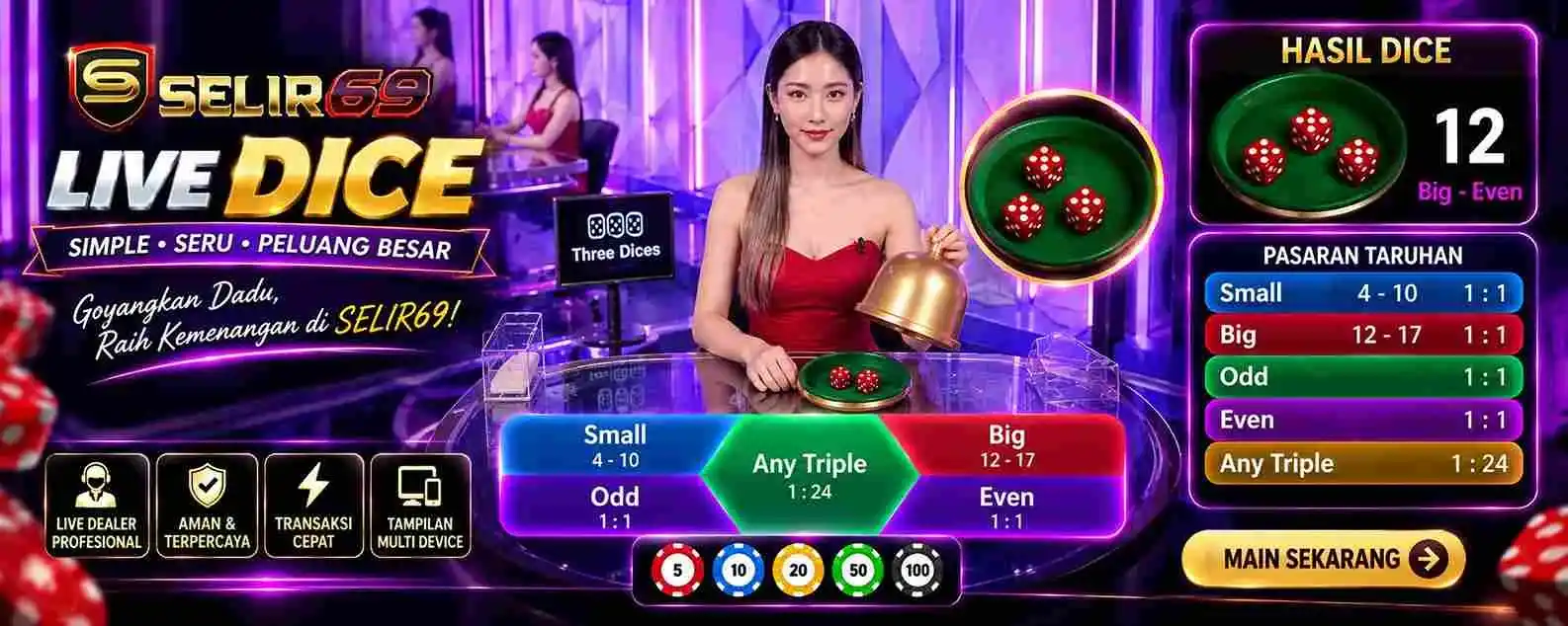 Ilustrasi cara bermain Dice: dealer mengocok dan membaca hasil dadu