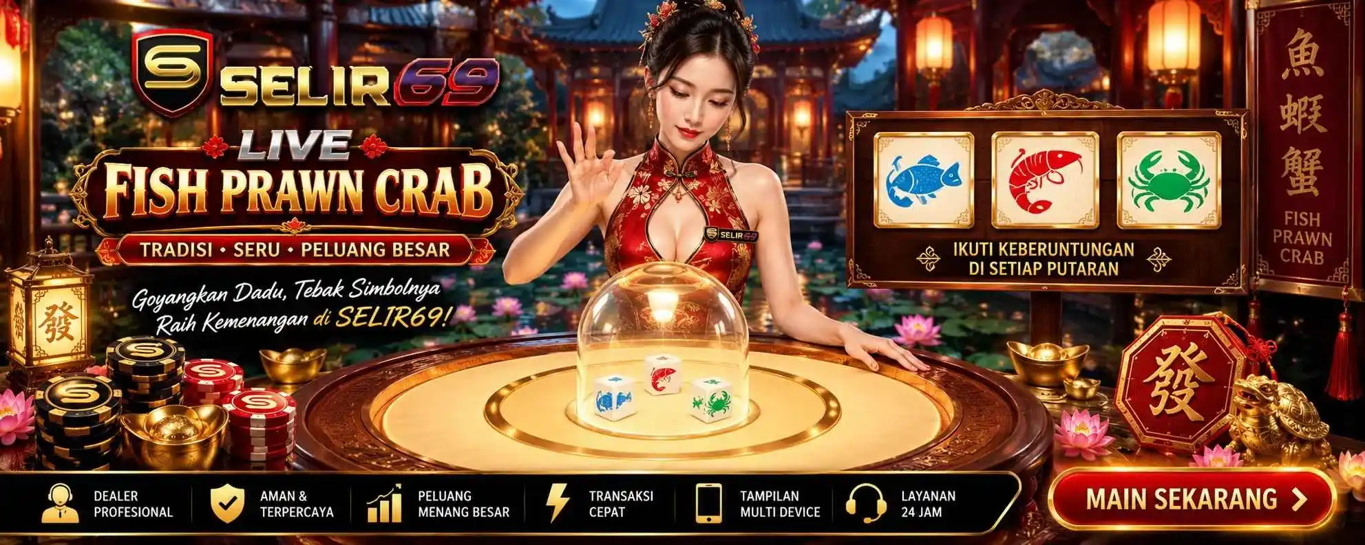 Ilustrasi enam simbol Fish Prawn Crab pada tiga dadu