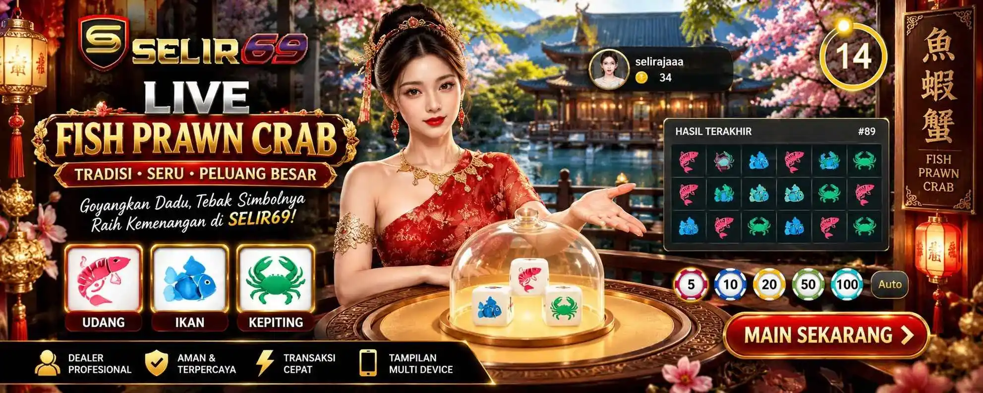 Ilustrasi cara bermain Fish Prawn Crab tiga dadu dan hasil simbol
