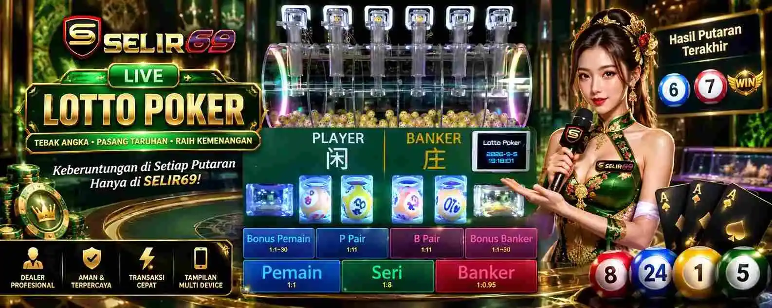 Ilustrasi Lotto Poker dengan lotto machine dan bola yang merepresentasikan kartu