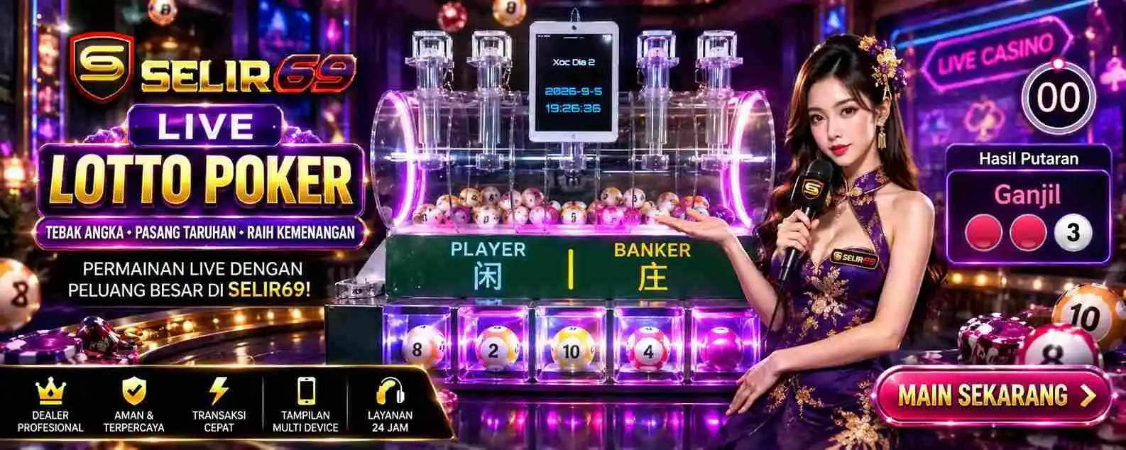 Ilustrasi alur Lotto Poker Baccarat dari pengundian bola hingga hasil Player Banker